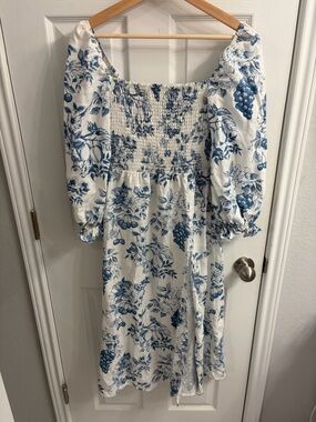 Reformation White Dress with Blue Botanical Print